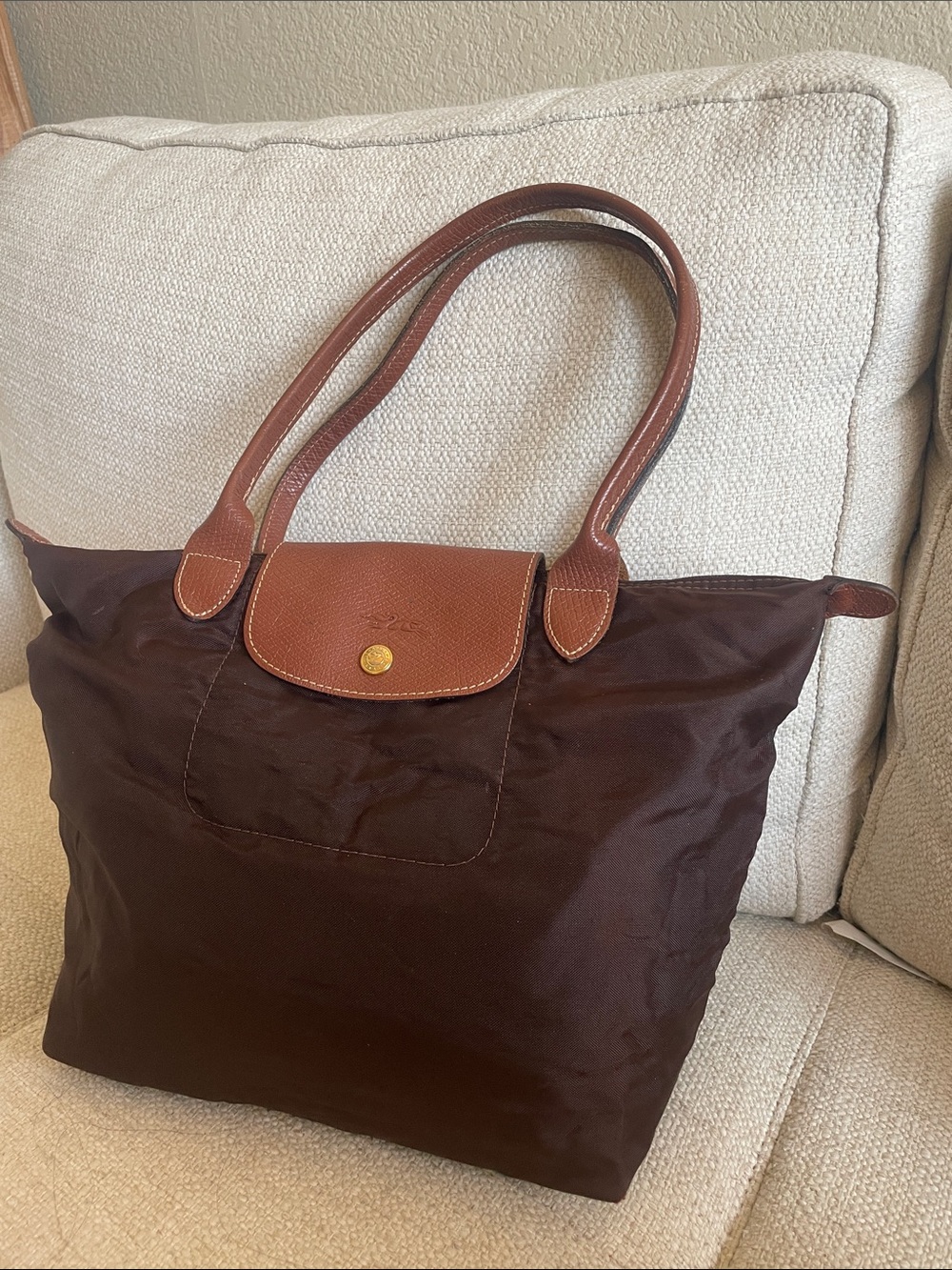Longchamp Brown and Tan Nylon Tote with Leather Trim